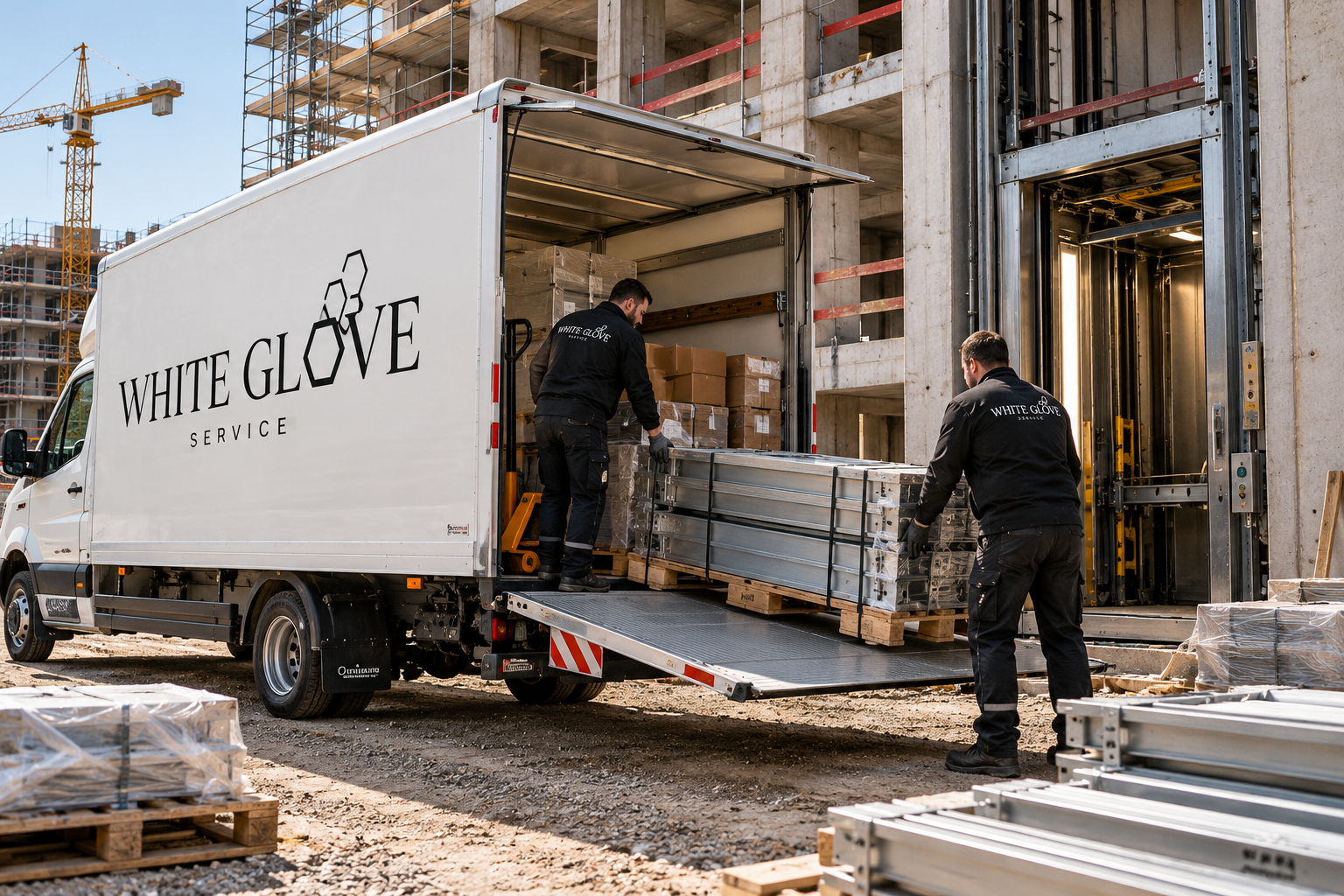 White Glove Service liefert Aufzugteile mit einem Koffertransporter und Ladebordwand auf eine Baustelle